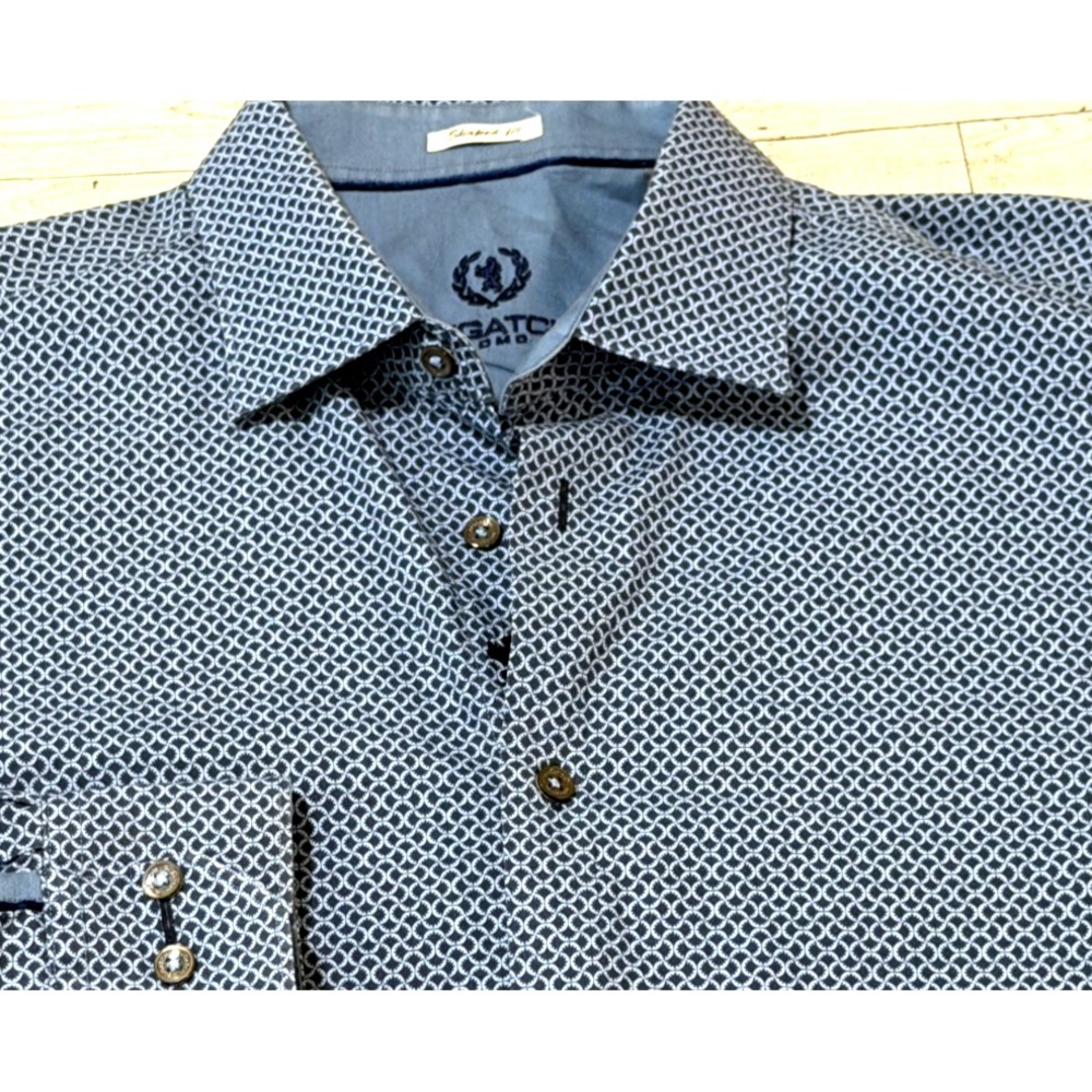 Bugatchi Button Shirt Mens XL Blue Geometric LongSleeve Shaped Fit Cotton XLARGE